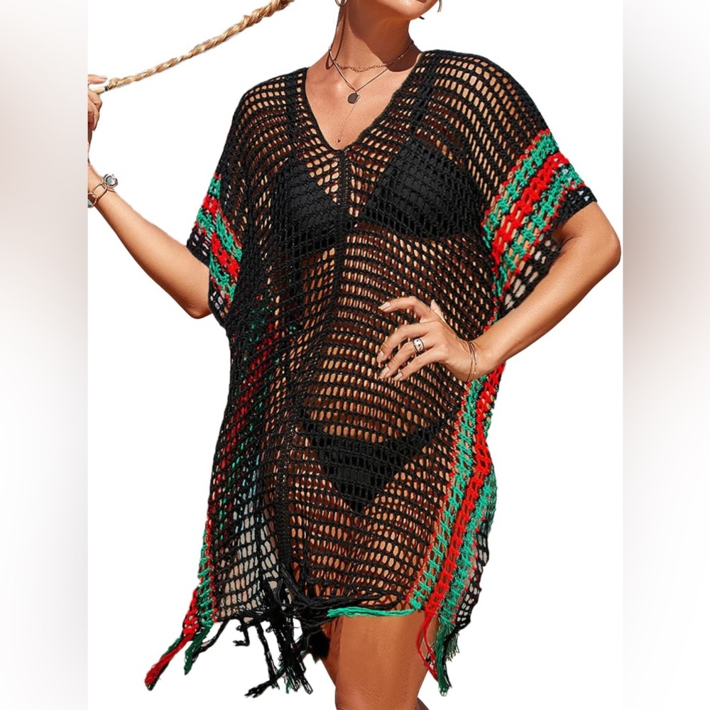 Black and Multicolor Crochet Swim Cover-Up
